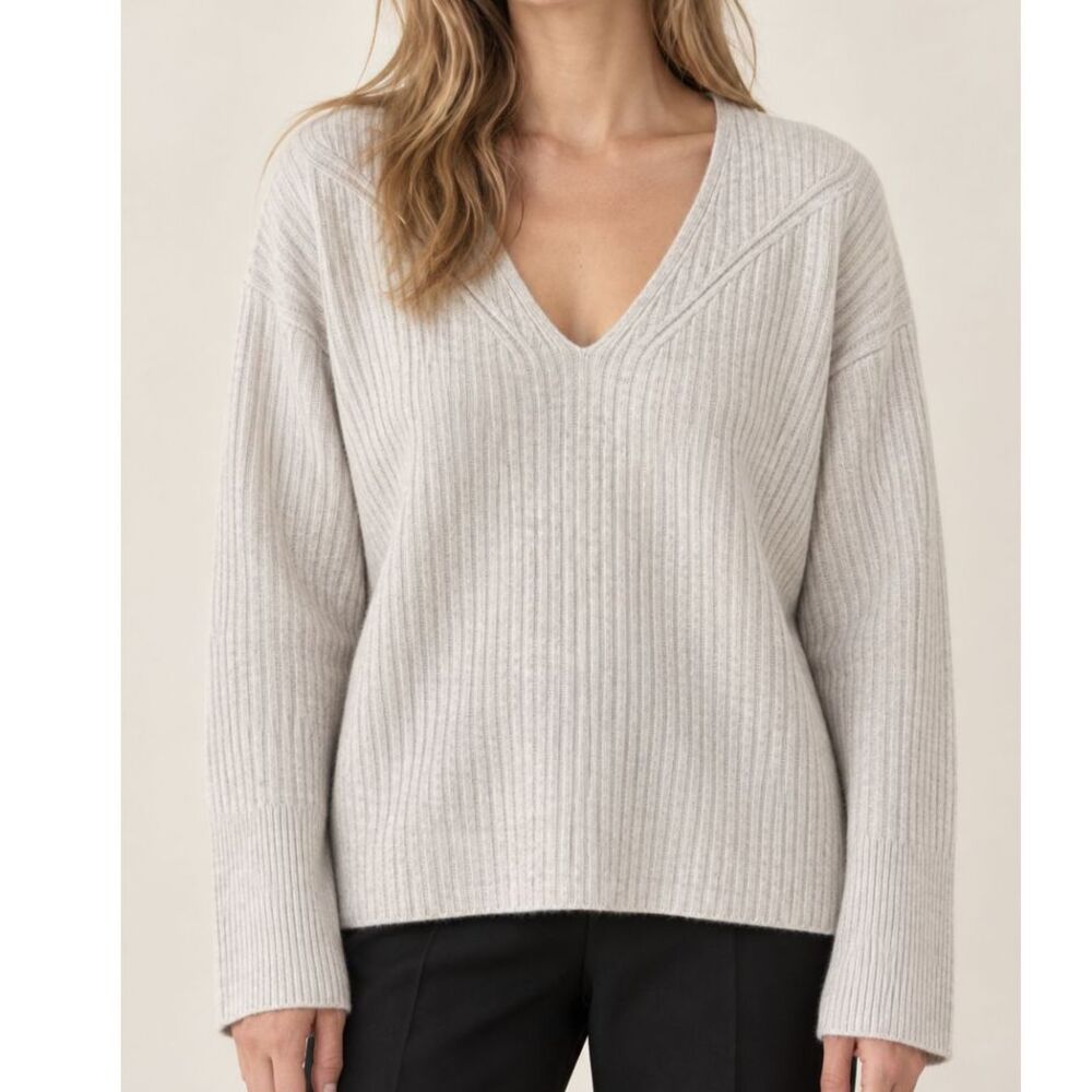 Rag & Bone 100% Cashmere Ribbed V Neck Sweater Oatmeal Beige Size Small